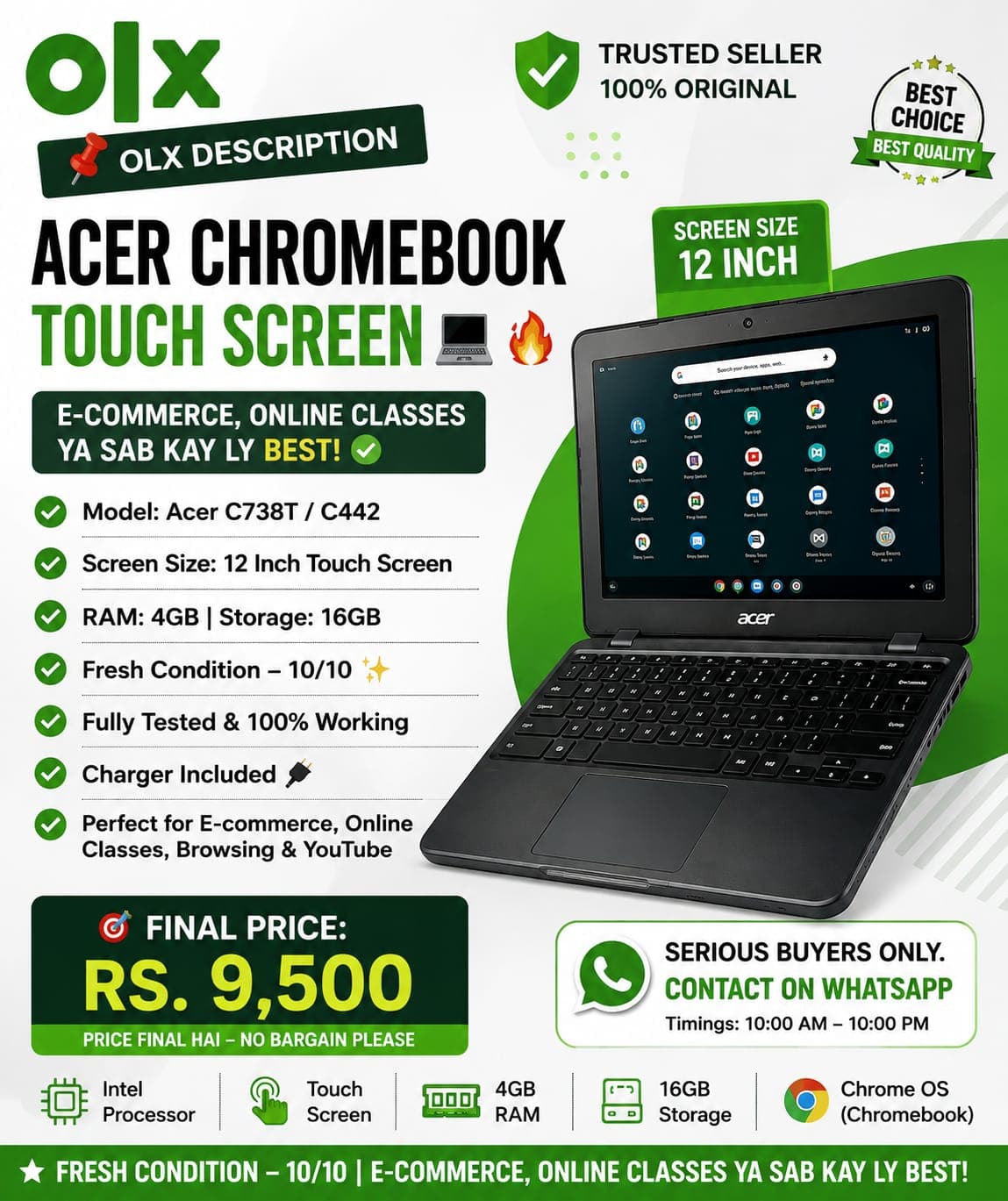 Acer 12" Touch Screen Chromebook | 4GB RAM | 16GB | 10/10 Fresh Condition