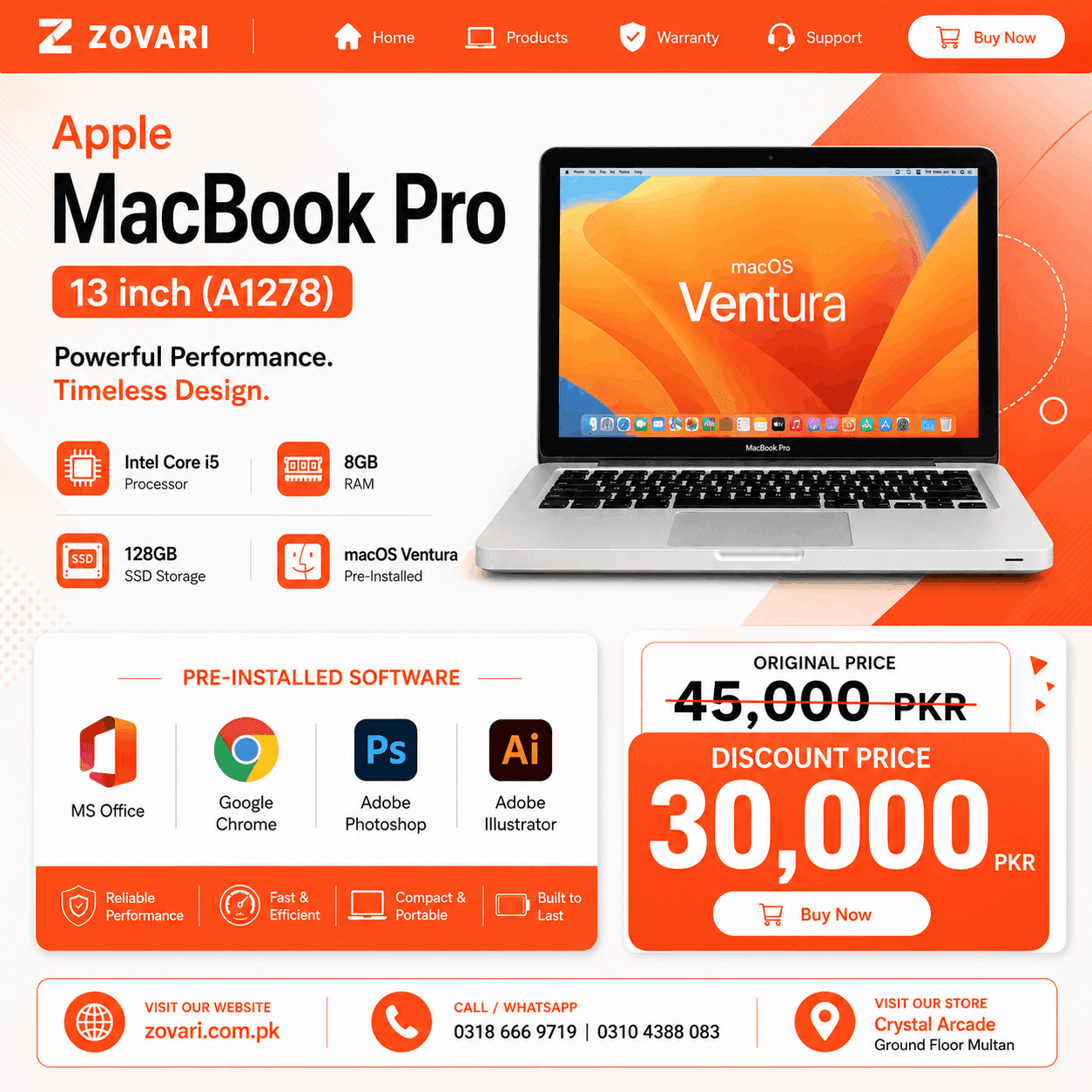 Apple Macbook Pro 13 inch (A1278) Core i5, 8GB, 128GB SSD