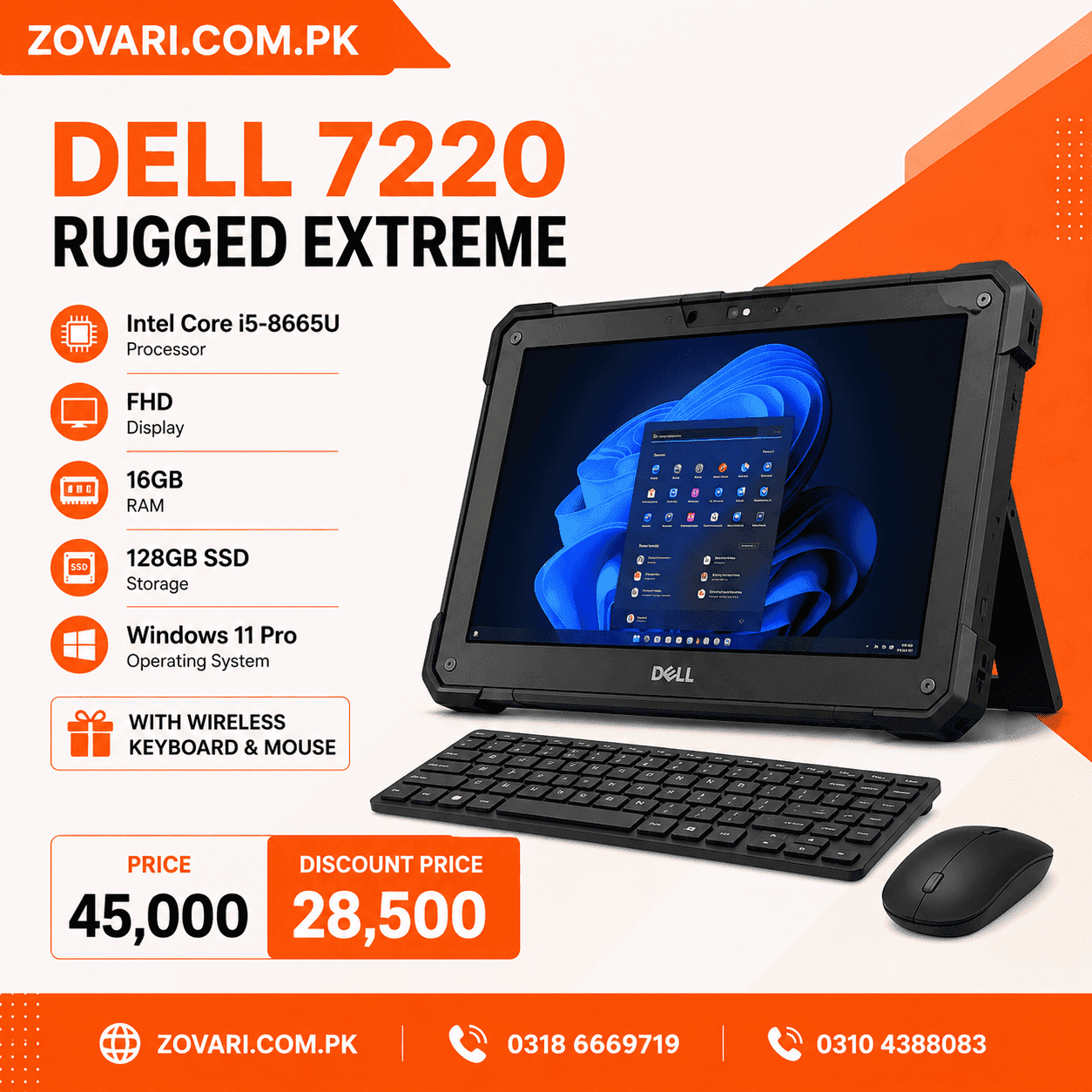 Dell 7220 Rugged Extreme, Intel Core i5-8665U, 11.6" FHD, 16GB, 128GB SSD, Windows 11 Pro. With wireless keyboard and mouse